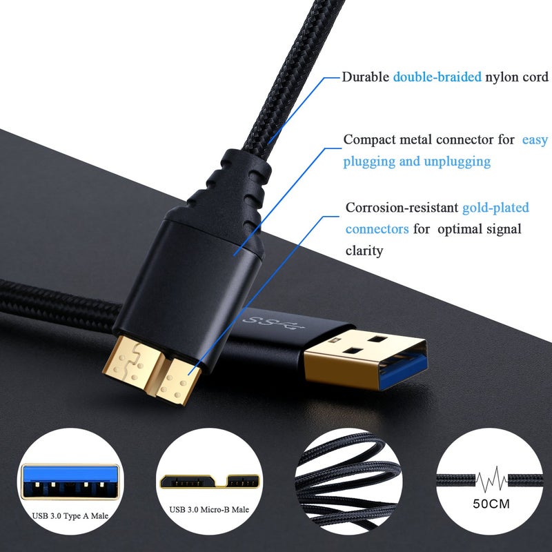 Besgoods كابل بيسجودز مايكرو USB 3.0 - 1.5 قدم/50 سم كابل USB نوع A ذكر إلى مايكرو B كابل مضفر لمحرك الأقراص الخارجي، سامسونج جالاكسي S5، جالاكسي نوت 3-2 حزمة، أسود - Image 4